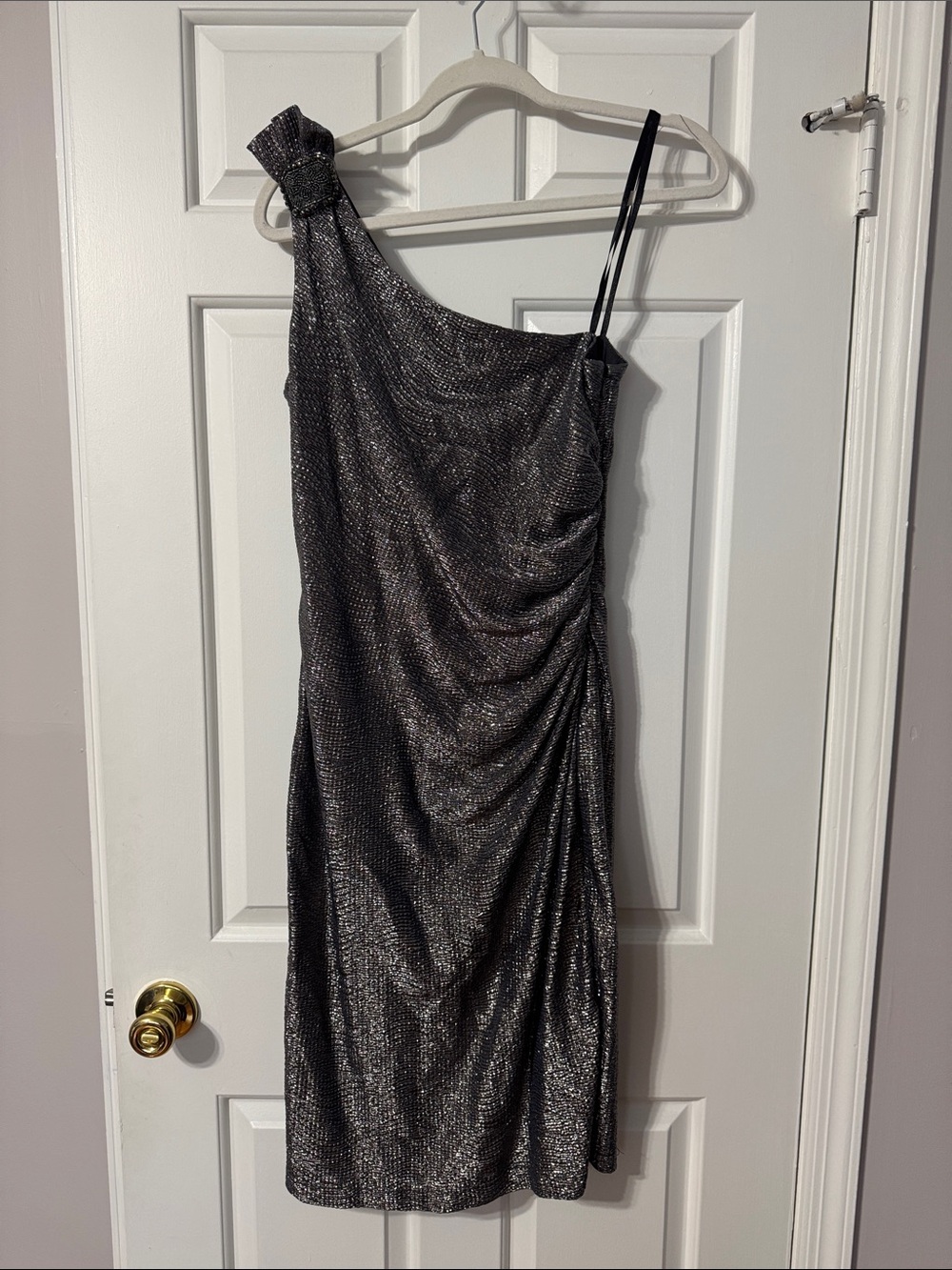 One-Shoulder Metallic Ruched Cocktail Dress - Silver